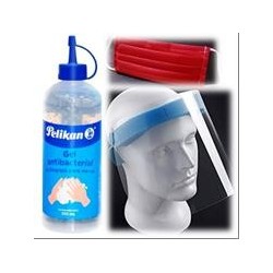 Kit de promoción, gel antibacterial 250ml, cubreboca bicapa y careta con diadema.